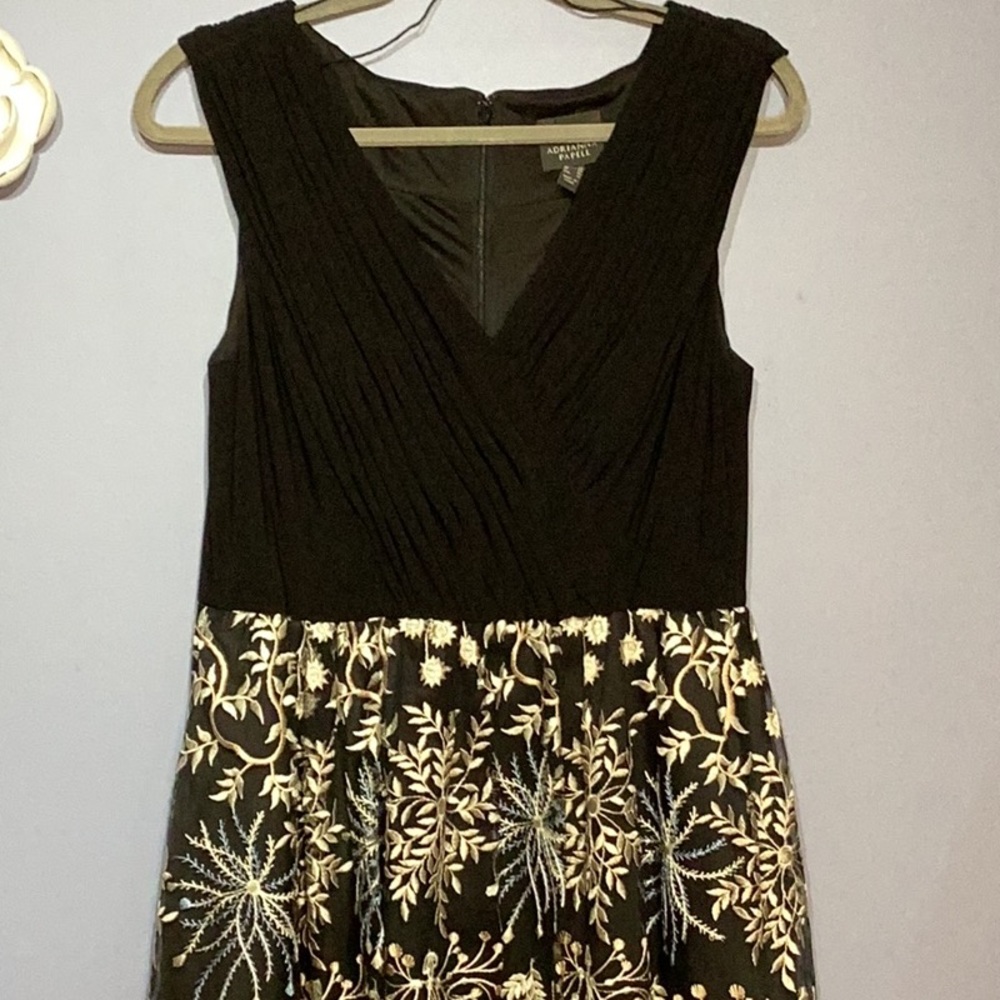 Adrianna Papell Black Dress with Gold Floral Embroidery